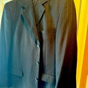 Two-piece man’s black dress suit, blk-on-blk pen stripes avg build 6’2” man